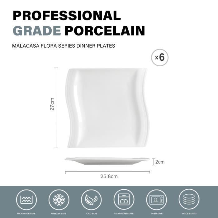 Assiette - malacasa - série flora - lot de 6 - porcelaine - 10.25 pouces - compatible lave-vaisselle