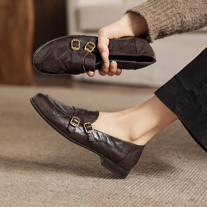 

Krazing Pot Sheepskin Round Toe Thick Med Heels Spring Shoes Slip on Big Size 42 Loafers Women Metal Buckle Pumps 42 коричневий