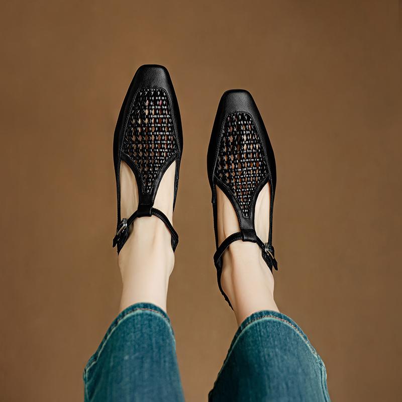 Fashion Women's New Leather Cowhide Spring Summer Hollow Breathable Woven Elastic Buckle Belt Low Heel Mary Jane Single Shoe