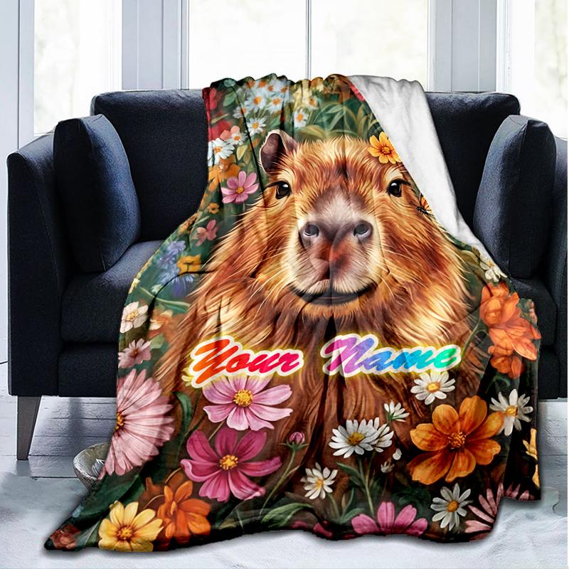 1PC Custom Name Capybara Floral Garden flannel blanket versatile,all-season throw suitable for the living room,bedroom,camping,travel,and gift