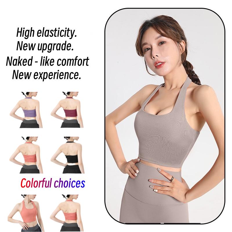 Neck-hanging Large-breasted Beautiful Back Sports Underwear Women's Running Quick-drying Shockproof Gathering Fitness Bra, Wearing Yoga Vest