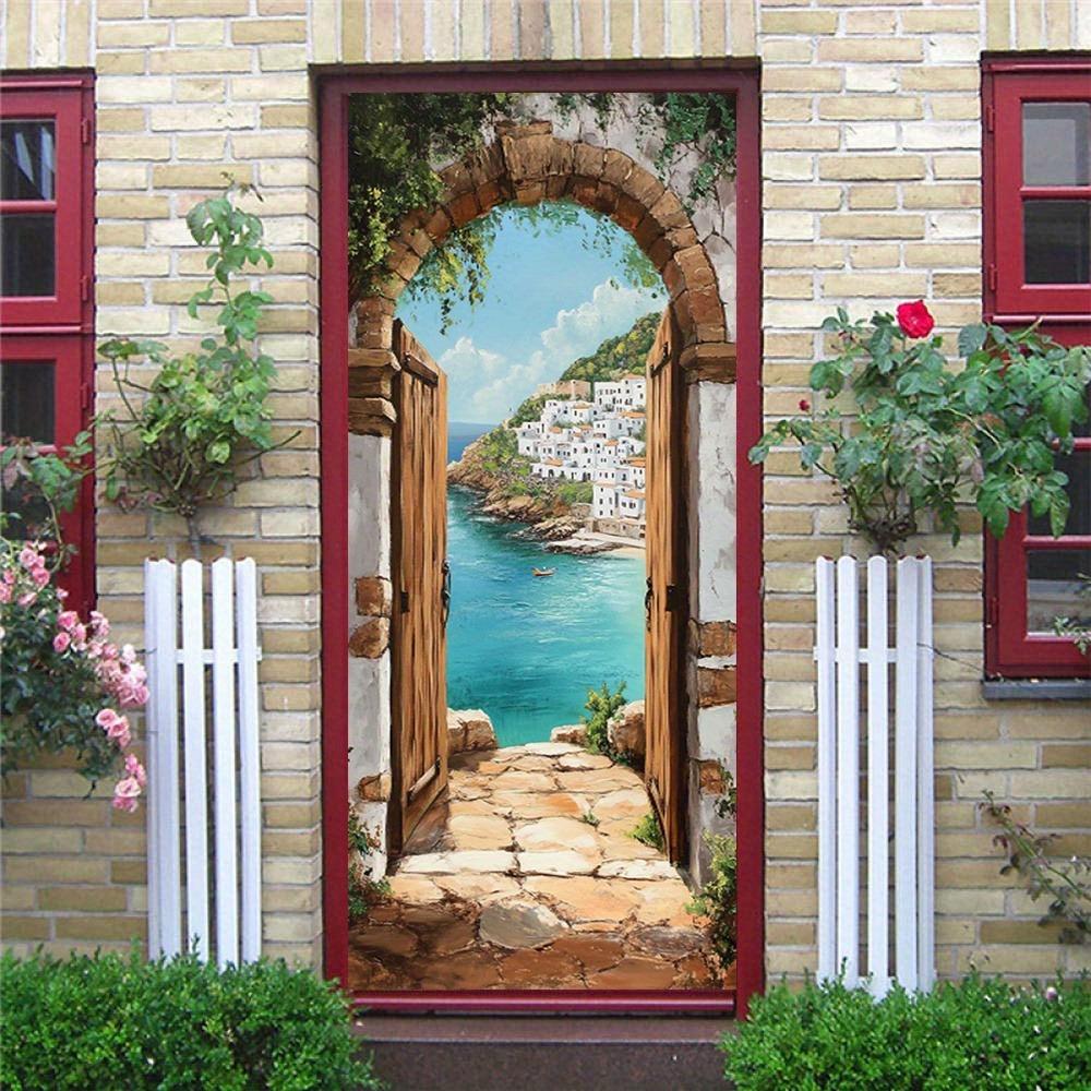 Adesivos de porta com tema oceano azul apresentando designs de arcos de pedra e papel de parede de paisagem mediterrânea, adequados para decoração de casa.