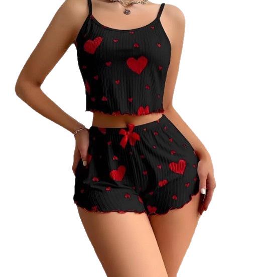 Set Pijama Tricotat Rebrat cu Inimioare Transfrontalier - Articol de Casă Femei din Două Piese cu Pantaloni Lungi