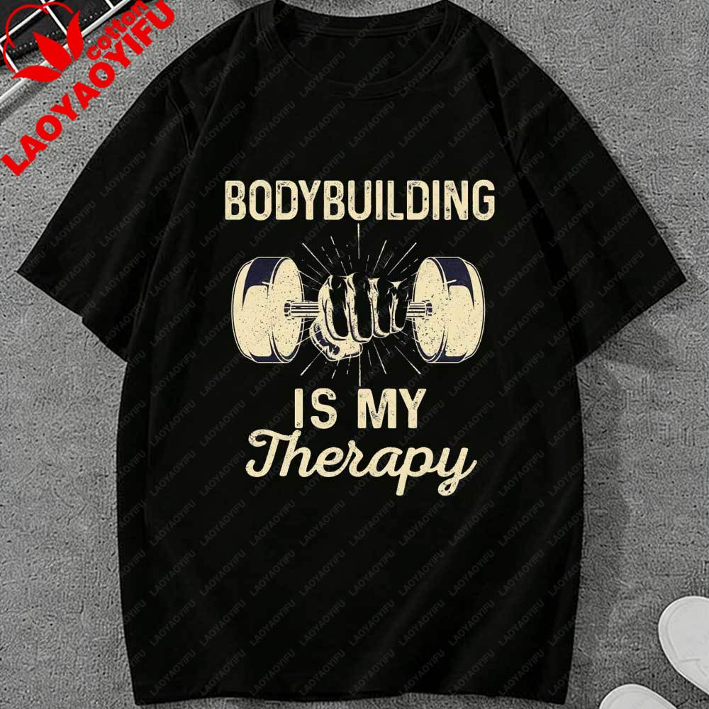 Unisexs Bodybuilding Is My Therapy Gym TShirt Vintage Dumbbell Print Casual Short Sleeve Crew Neck Tee for Fitness Fans Gift