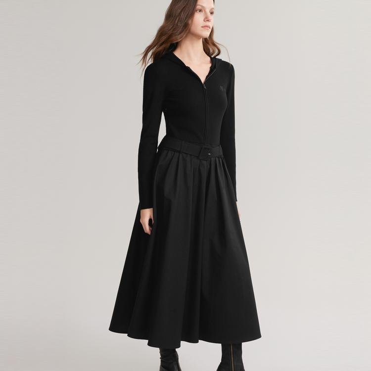 ELLE Color Block Flared Knit Long Sleeve Dress Women Dresses Black EL49438