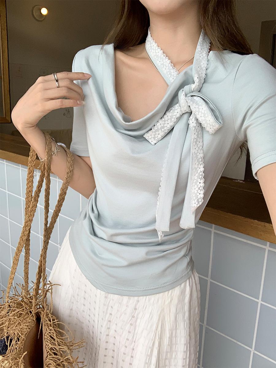 

One-word shoulder swing collar off-shoulder collarbone Spice Girl short-sleeved T-shirt women s summer new pleated waist and thin temperament top S синий