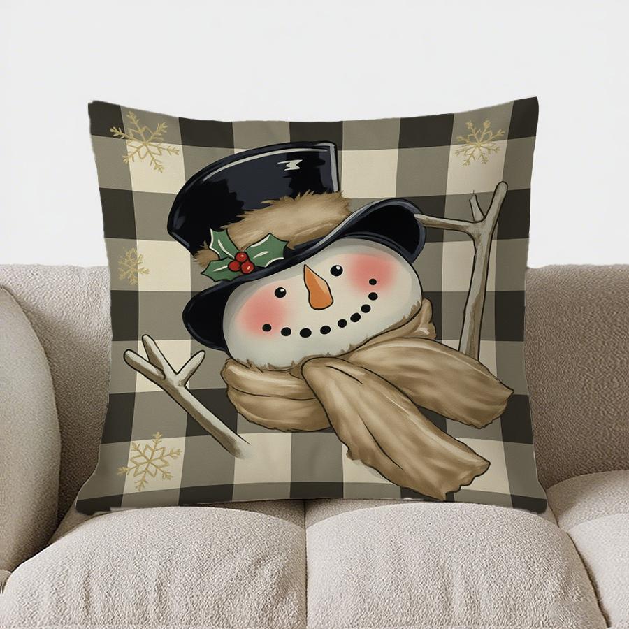 Home Decor Cute Snowman On Checkered & Snowflake Pillow Pattern Cushion Cover Suitable For Sofa Bedroom Car Pillow Cover
