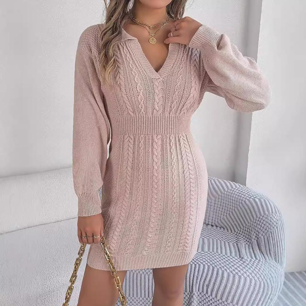 Damen Strickpullover Kleid V-Ausschnitt Laterne Langarm Twist Pullover Jumper Lässige Strickwaren Tops