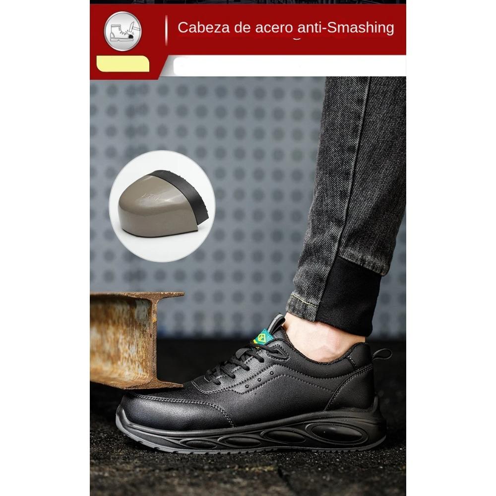 Sikkerhetsarbeidssko i svart skinn for menn, knusesikre, punkteringssikre, beskyttende joggesko, uknuselige, oljebestandige herresko