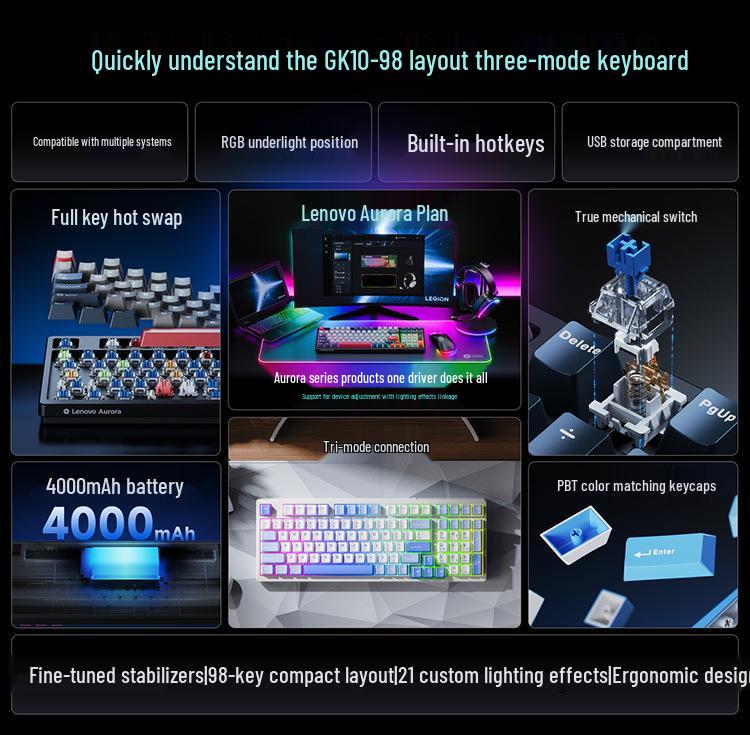 Aurora GK10 Two-Tone 98-Key Mechanical Hot-Swappable Backlit Esports Keyboard (Three-Mode, Wired/Wireless, Rechargeable)