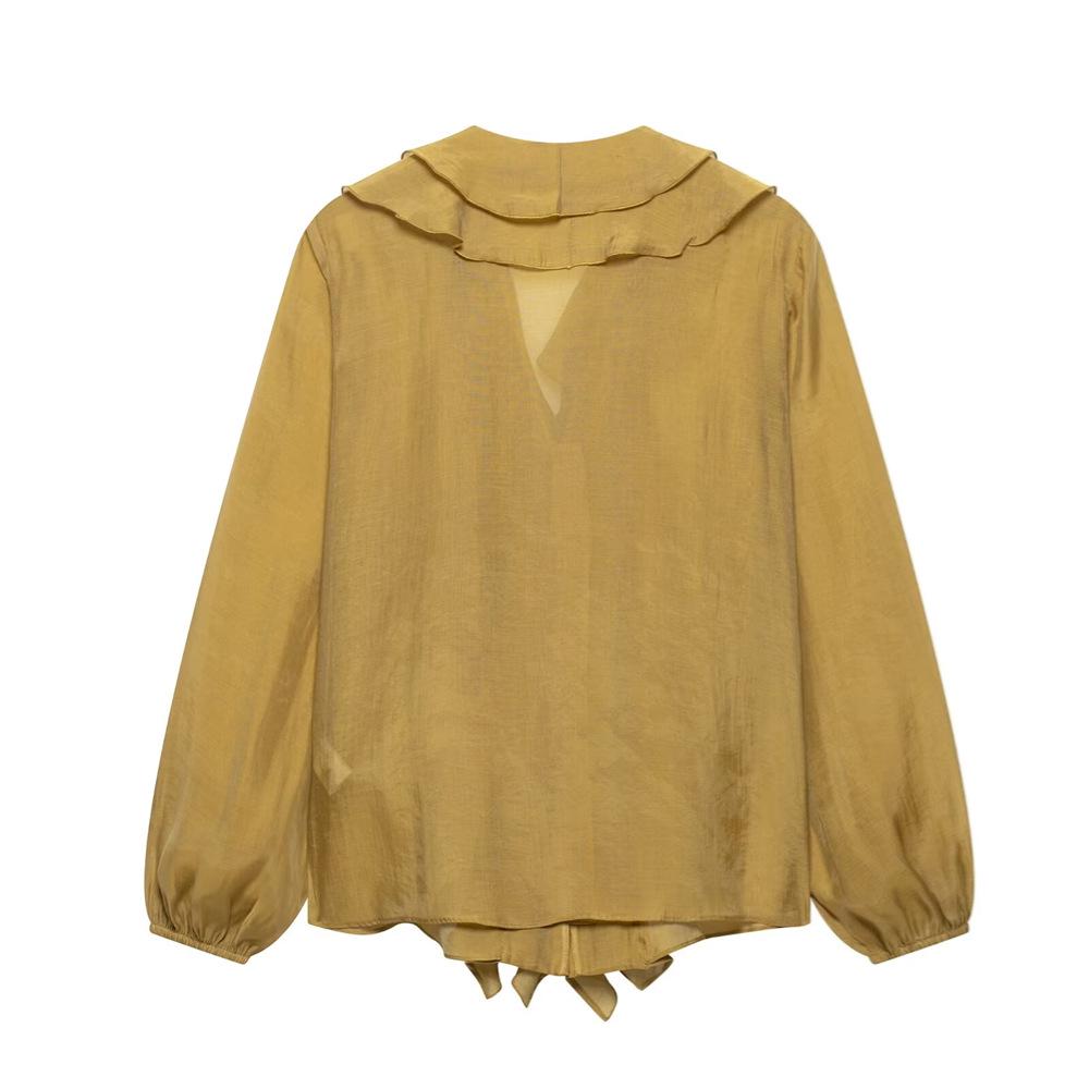 2025 Spring/Summer Women's Slim Fit V-Neck Shirt with Layered Decoration