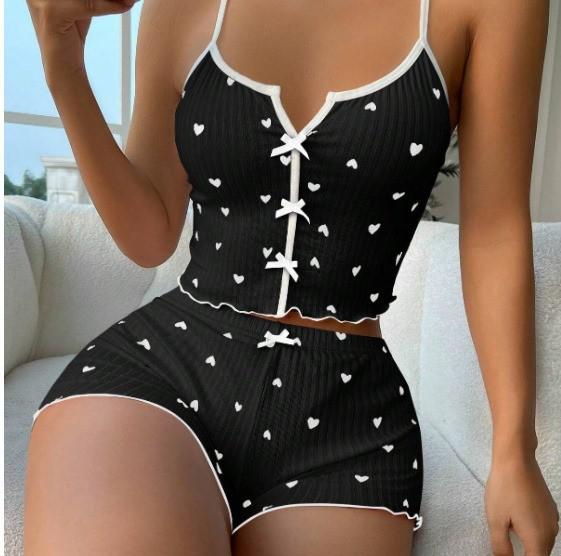 Heart Print Pajama Set: Women's Plus Size Vest & Camisole Homewear