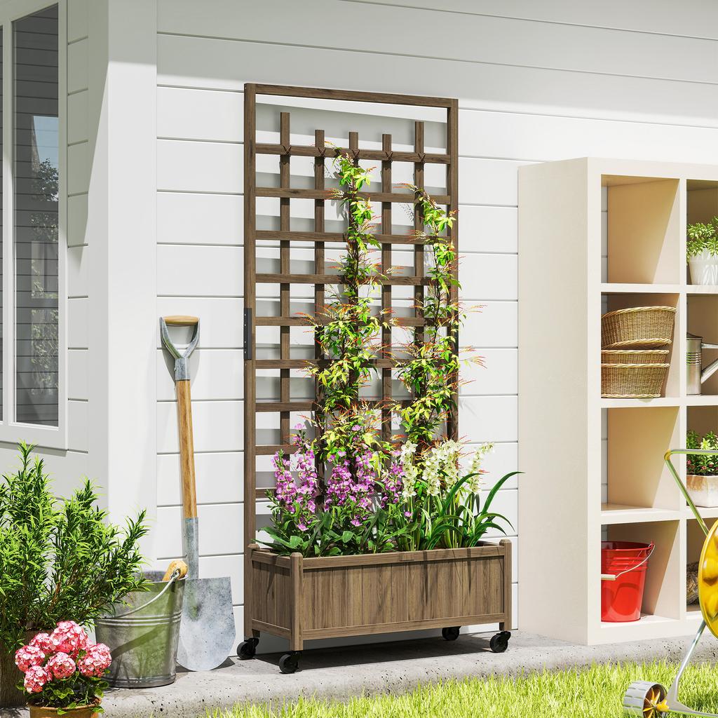 Wooden Trellis Planter Raised Garden Bed With Wheels To Climb And Grow Vegetables Herbs And Flowers Brown