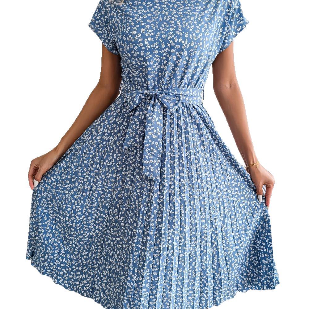 Feng Real Spring/Summer Floral Pleated Skirt with Short Sleeves - Women's European American Style