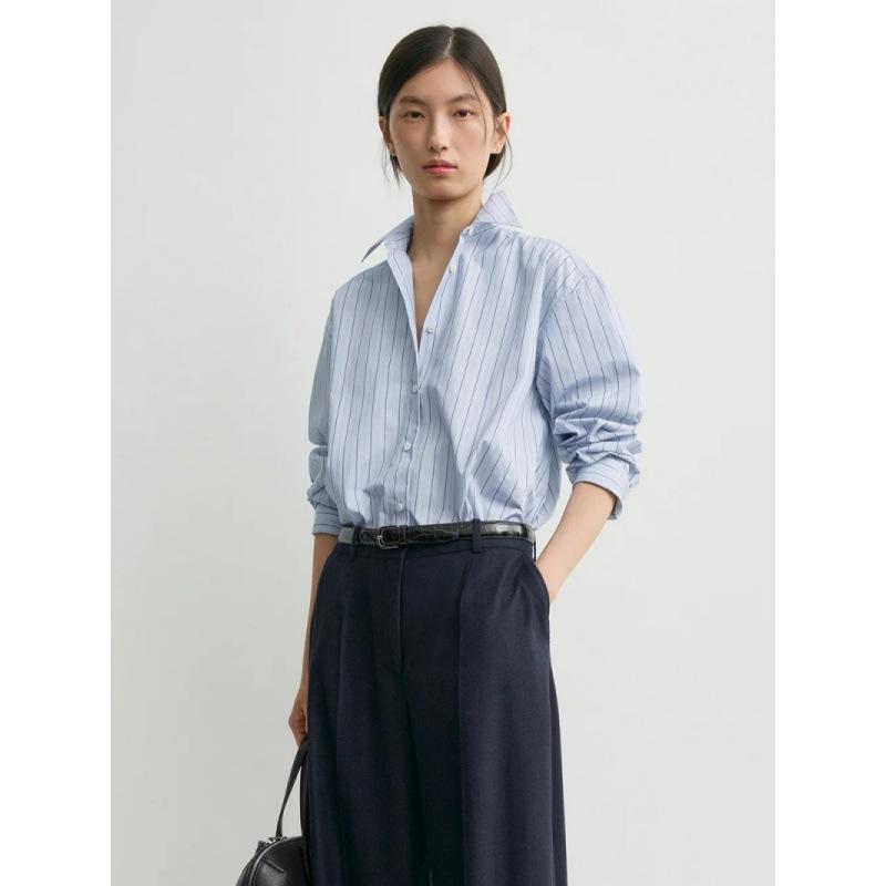 Longmei Women's Striped Pure Cotton Shirt, Spring-Summer 2026, Simple Commute Style with Lapel and Long Sleeves