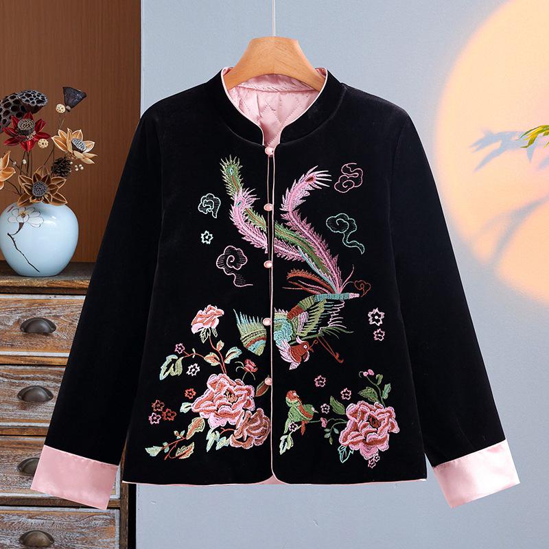 2025 Retro Chinese Style Silk Velvet Embroidered Jacket - Autumn/Winter Thickened Cotton Coat