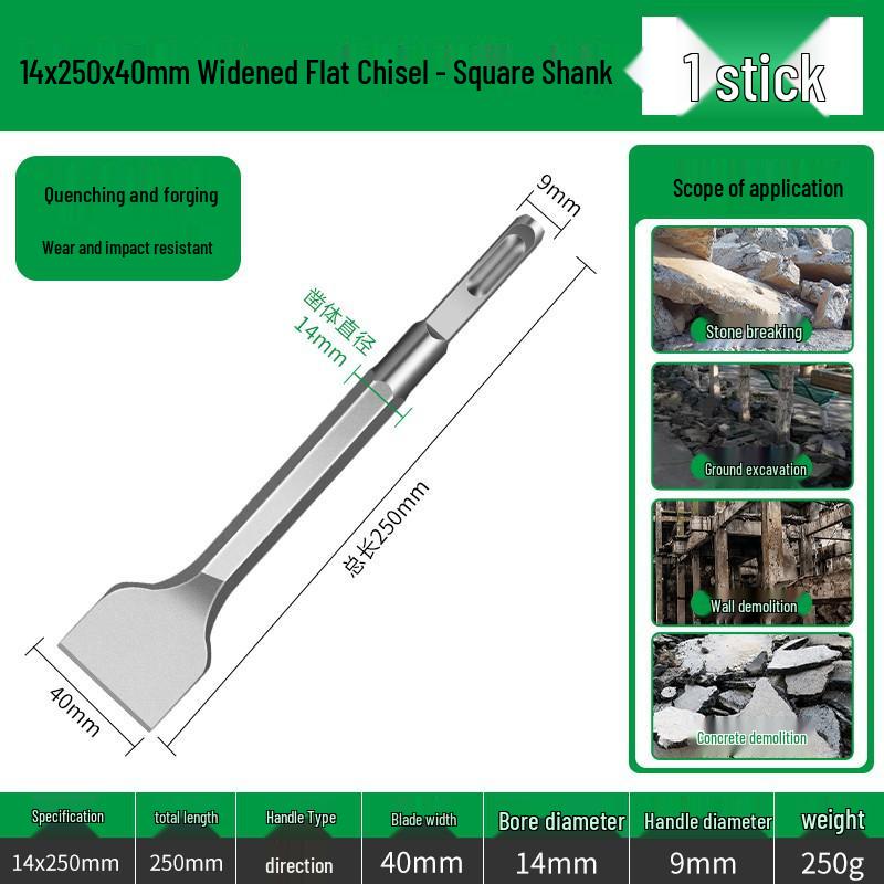 Electric Hammer Drill Bit Set: Square/Round/Hex Shanks, Ultra-Thin Flat/Point Chisel, Shovel, Slotted Wall-Cutting Chisel Head.