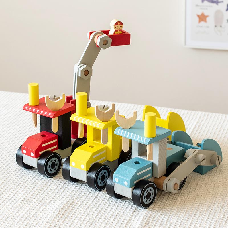 Wooden Assembly Toy Cars: Bulldozer, Repair Car, Fire Truck - Perfect Birthday Gift for Boys and Girls.