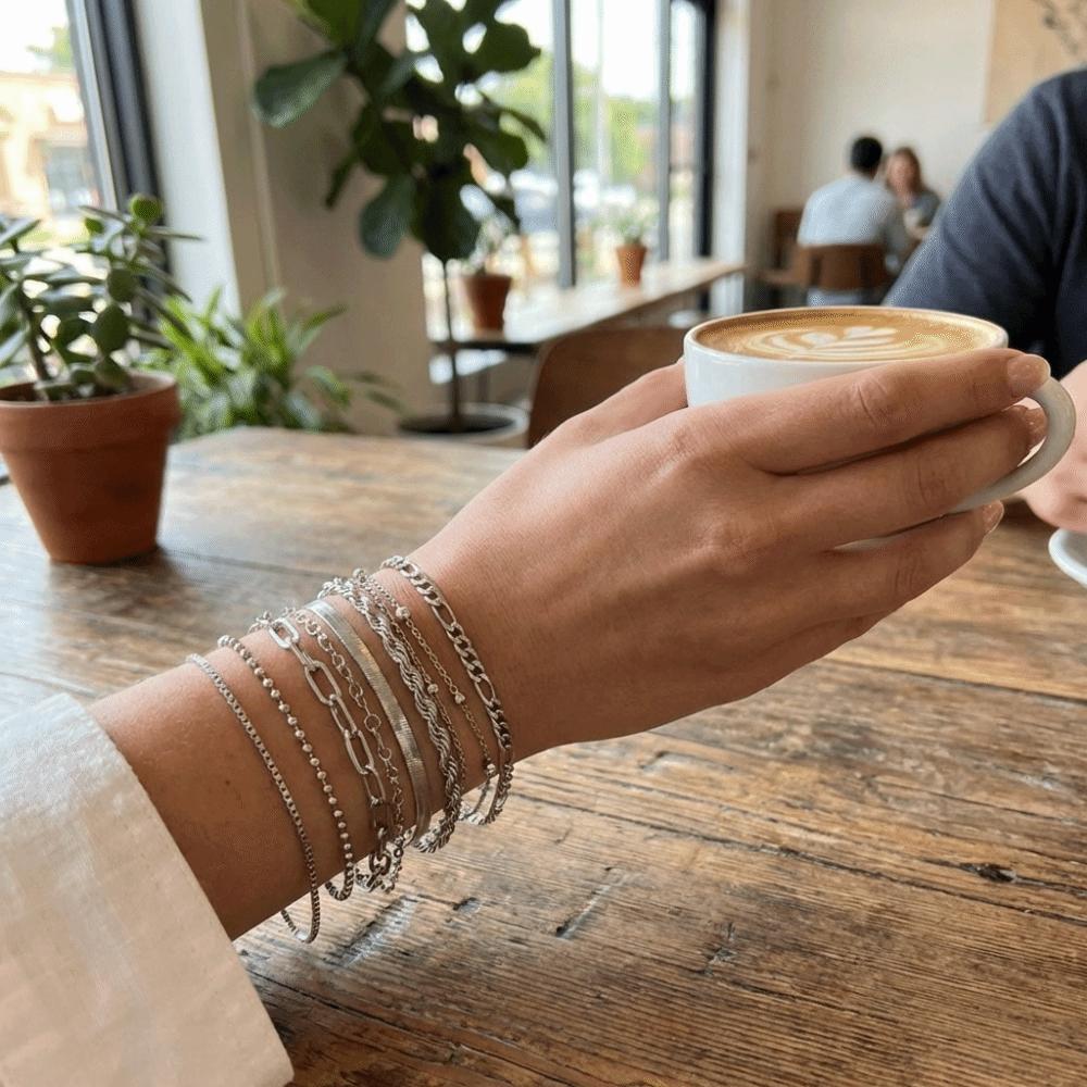 10Pcs/set Vintage Style Snake Chain Bracelet Flat Chain Multi-layer Bracelet  Casual Wear