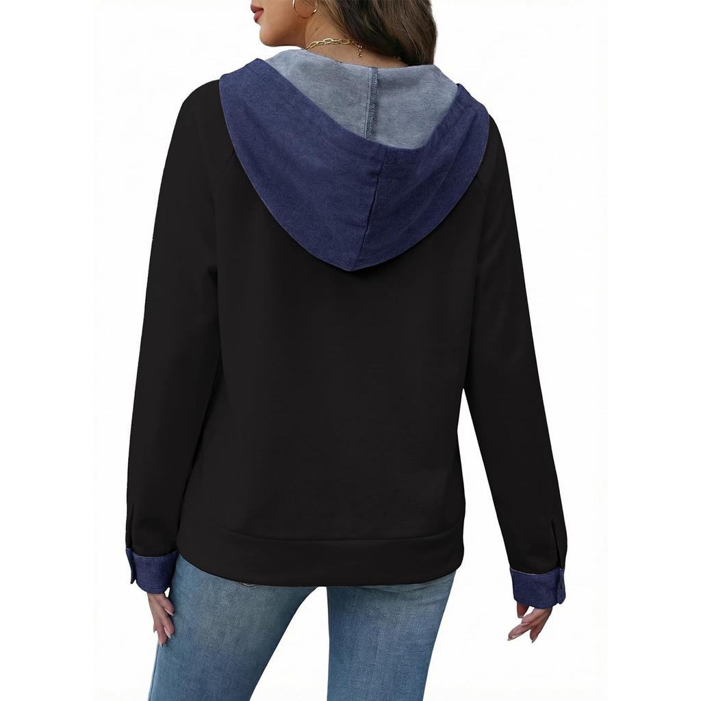 Women's Color Button Front Pullover Sweatshirt with Long Sleeves and Round Neck
