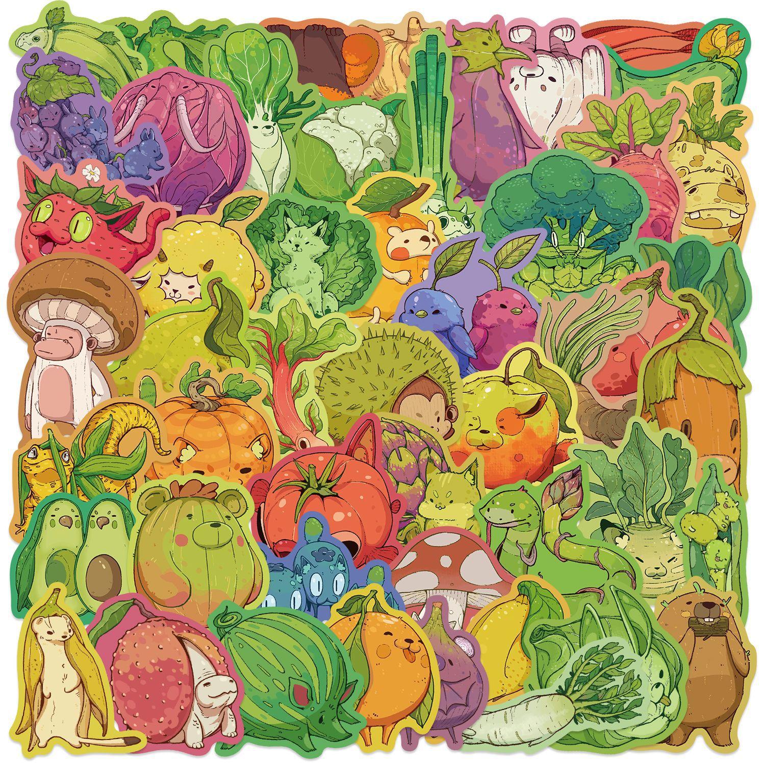 

50 Cartoon Fruits, Vegetables, Animals, Graffiti Stickers, Decorative Guitar Notebook Suitcase DIY Waterproof Stickers