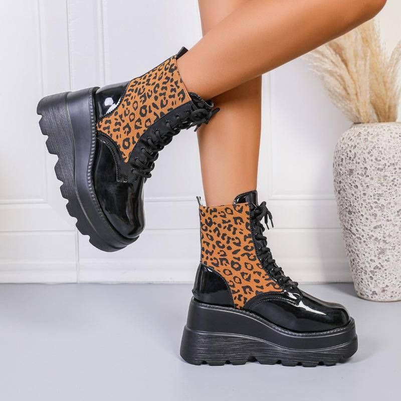 Fashion Leopard Color Block Single Boots Women's Fashion Round Toe Platform Lace-Up Front Non-Slip Wear-Resistant Wedge Booties
