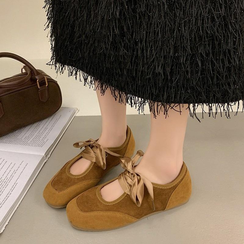 Fashion 2025 Shallow Bow Lace-Up Women's Retro Square Toe Bull Tendon Flat Single Shoes
