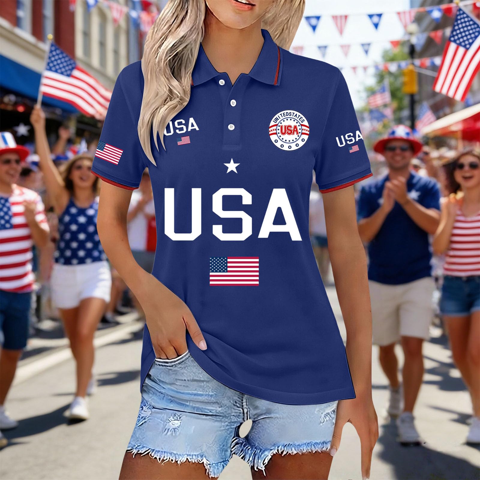 

Anniversary USA Shirt For Woman Patriotic USA Flag T-shirt Size Button Up Lapel Shirts Tops XL синий