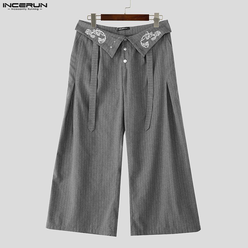 INCERUN Men Casual High Zipper Waist Embroidery Loose Long Wide Legs Pants Trousers