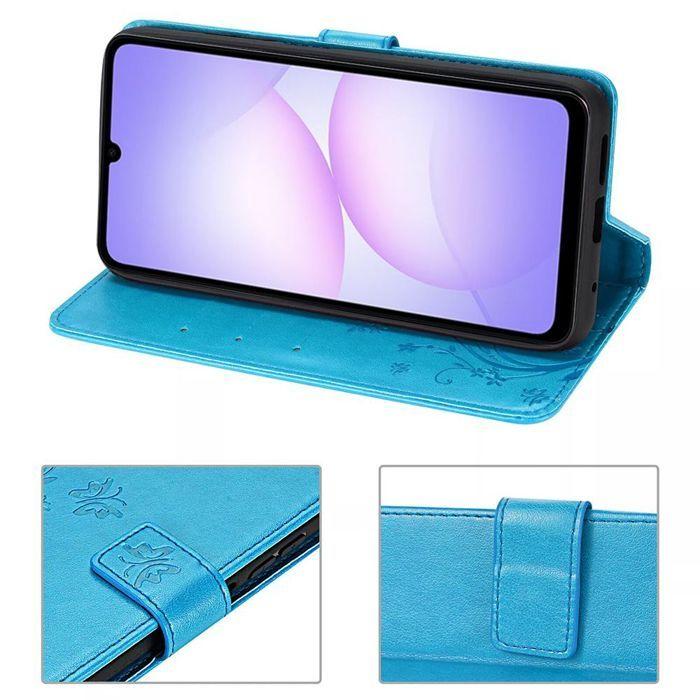 Coque de Protection - BOOLING - Samsung Galaxy A07 - Effet Cuir Motif Plante Bleu - 2 Verres Trempés