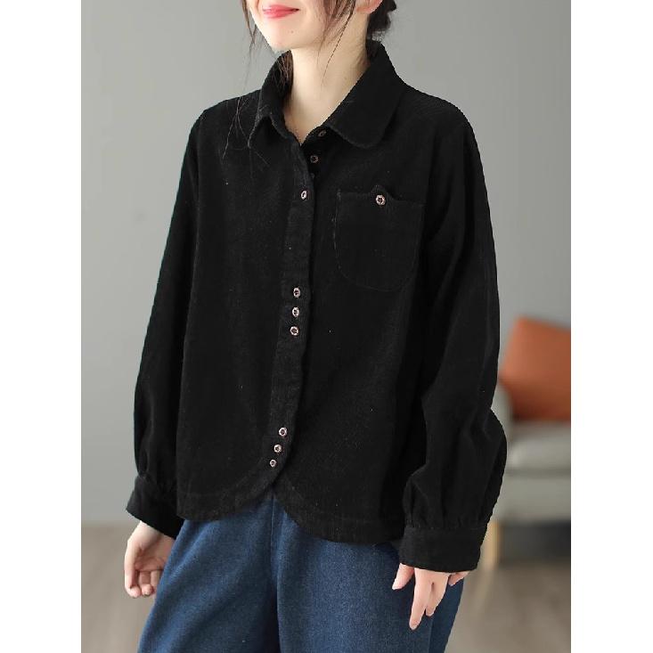 Primavera Outono Novo Vintage Solto Casual Camisa de Veludo Cotelê Feminina Bolso Moda Versátil Cardigã Top Mulheres Blusa de Manga Comprida Femme