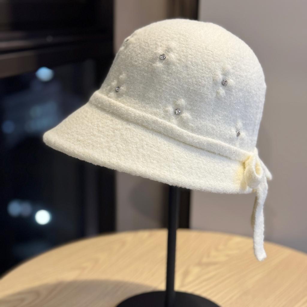 New Winter High-end Handmade Woolen Hat with Rhinestone Decoration, Japanese-style Warm Fisherman Hat, Elegant Women's Bucket Hat, Trendy
