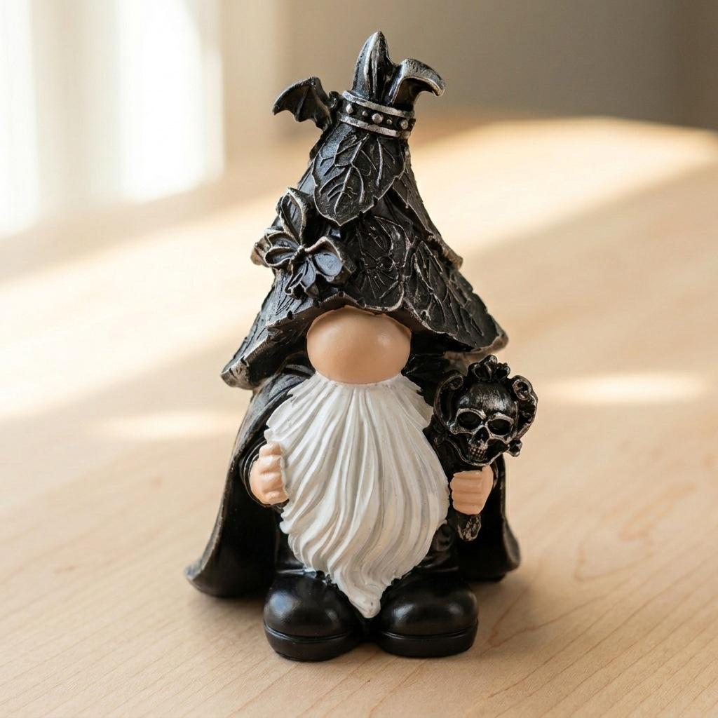 Halloween Dark Wizard Gothic Gnome Resin Figurine with Skull Staff, Creative Home Decor Tabletop Statue Gift
