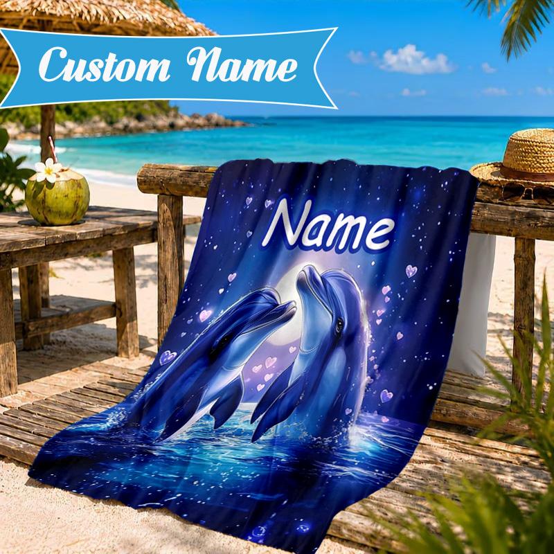 Custom Name Dolphins Starry Night Beach Towel Microfiber Beach Towel, Lightweight and Quick-Dry, for Summer Travel, Swimming Pool Gift