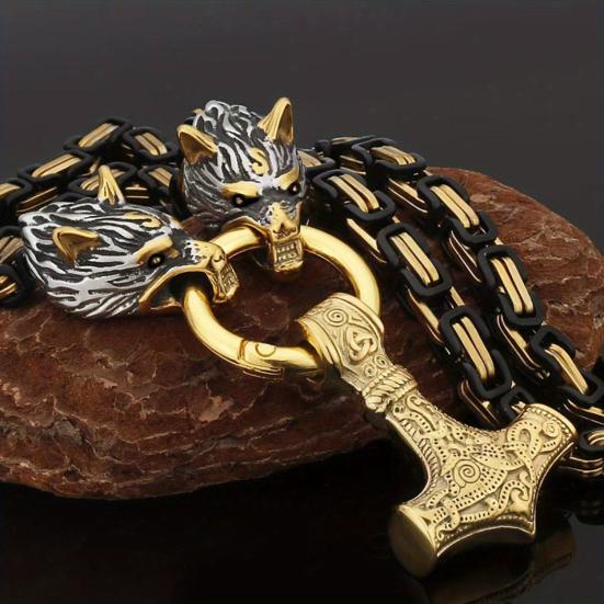 Men Necklace Retro Nordic Viking Style Hammer Wolf Head Pendant Amulet Thick