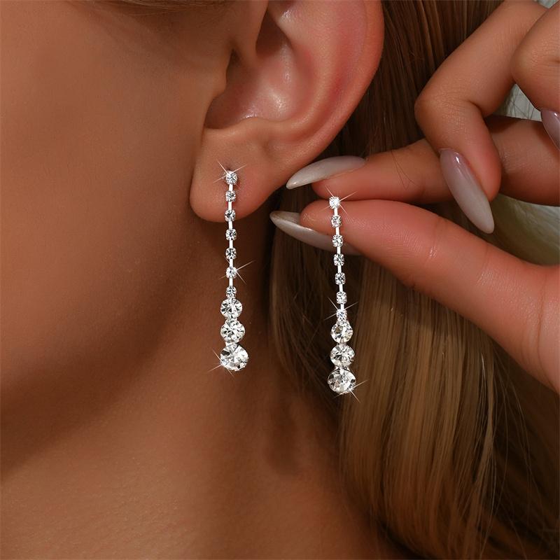 Women Geometric Zircon Silver Long Tassel Dangle Earrings Rhinestone Wedding Party Fashion Jewelry