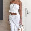 Womens White Cotton Linen Sleeveless Top Wide Leg Pants Set With Tie Detail Casual Two Piece Outfit