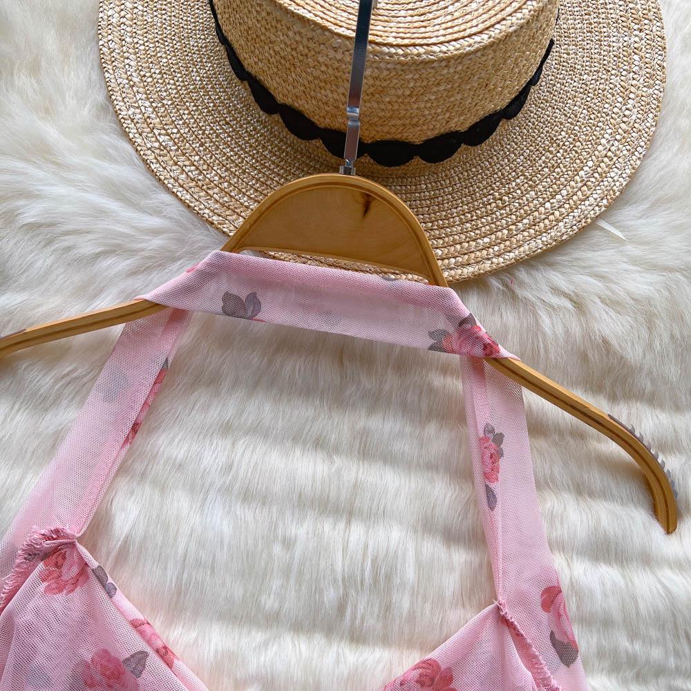 Dámske Sladké Šifónové Potlačené Camis Letné Halter Bez Chrbta Sieťované Tank Topy Vintage Bez Rukávov Štíhle Dobby Základy Crop Top Y2k
