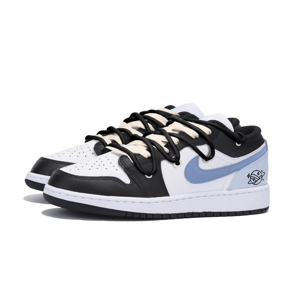 Jordan Air Jordan 1 Slip Resistant Abrasion Resistant Low top Vintage Basketball Shoes Men's Black White Blue 553558-131(Team85-)