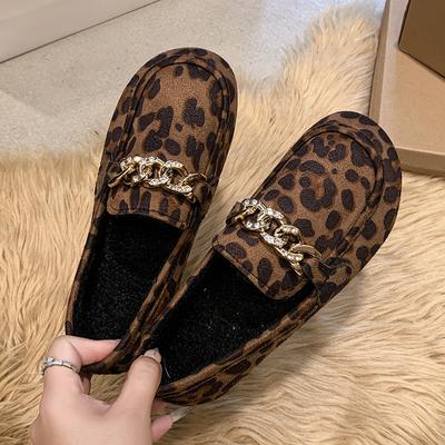 CRLAYDK Zimní dámské semišové boty Leopardí potisk Podšívka z umělé kožešiny Ležérní penny mokasíny Retro dámské mokasíny Nazouvací lodní ploché boty na řízení