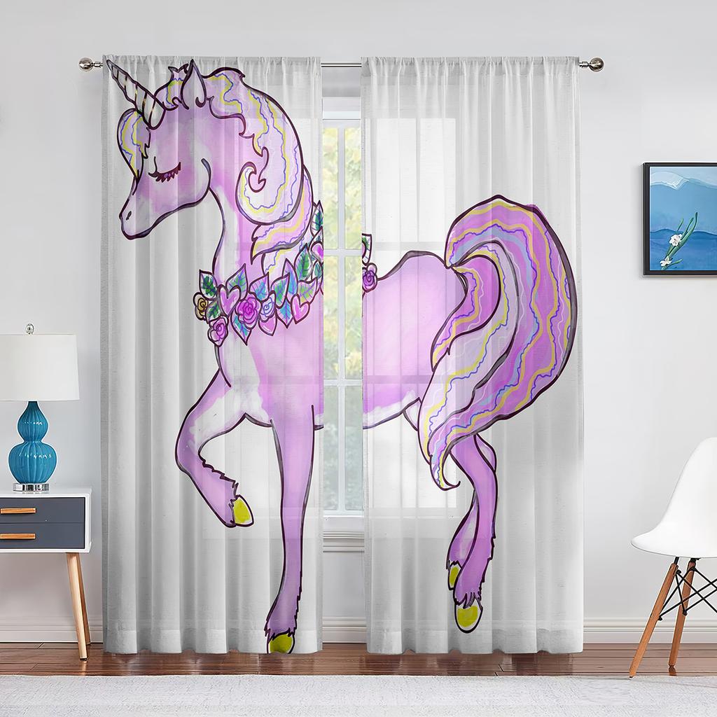 Colorful Unicorn Rainbow Print Pattern Sheer Voile Curtains for Bedroom Living Room Kitchen Decor Chiffon Tulle Windows Curtain