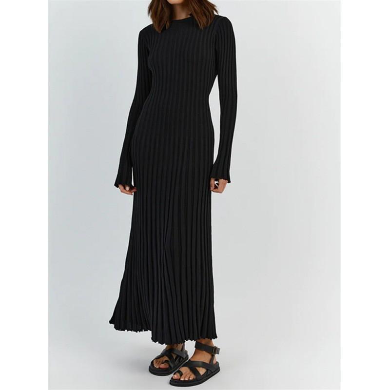 Long Sleeve Round Neck Ribbed Knit Bodycon Midi Dress High Waist Solid Color Sweater Women