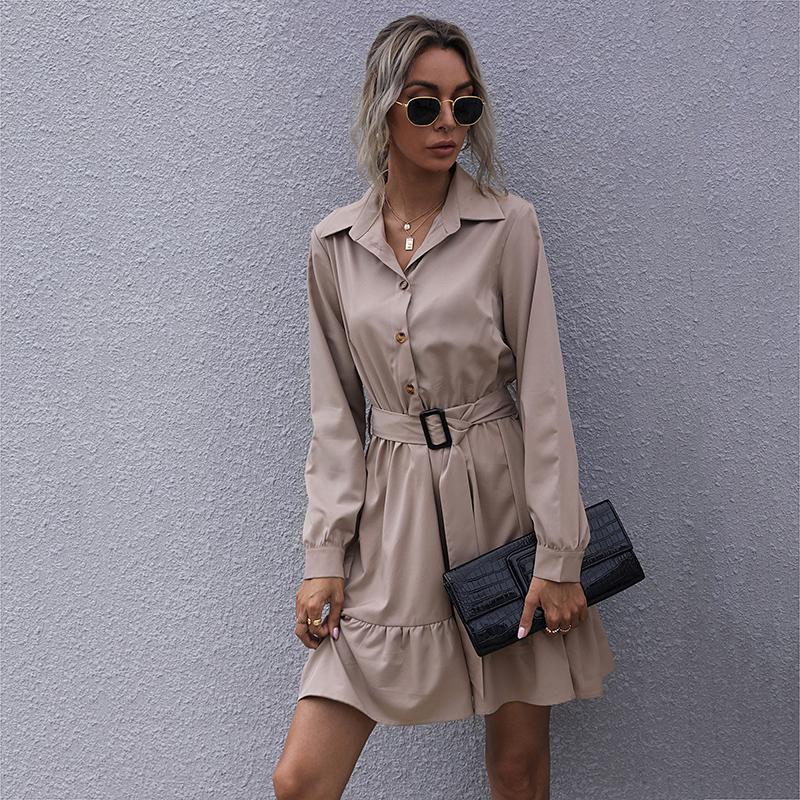 YYFS Women's Fashion Summer Spring Solid Color Print Long Sleeve POLO Neck Casual Dresses