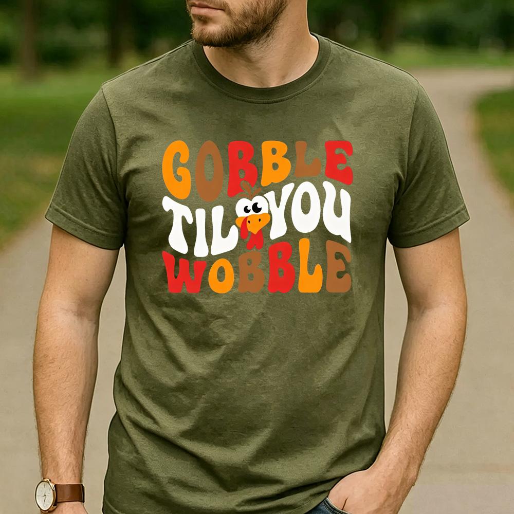 Funny Thanksgiving Family Tee Gobble Til You Wobble Retro Colorful Turkey Face Letter Graphic Unisex Cotton Casual TShirt