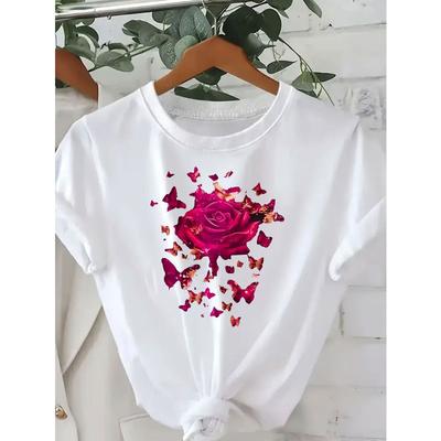 Europäische Größen Damen Vintage Y2K Schwarzes T-Shirt mit Rosa Rose & Schmetterlings-Print - Rundhals Kurzarm Freizeit Oberteil, Roter Lippen-Akzent