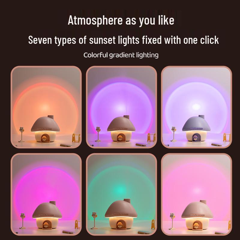 Mushroom House USB Humidifier with Sunset Lamp - Large Capacity Mist for Bedrooms and Offices