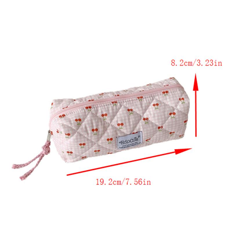 Cute Cherry Plaid Large Capacity Pencil Case Student Stationery Bag Ladies Cosmetic Bags Portable Clutch Purse Storage Bag Gifts