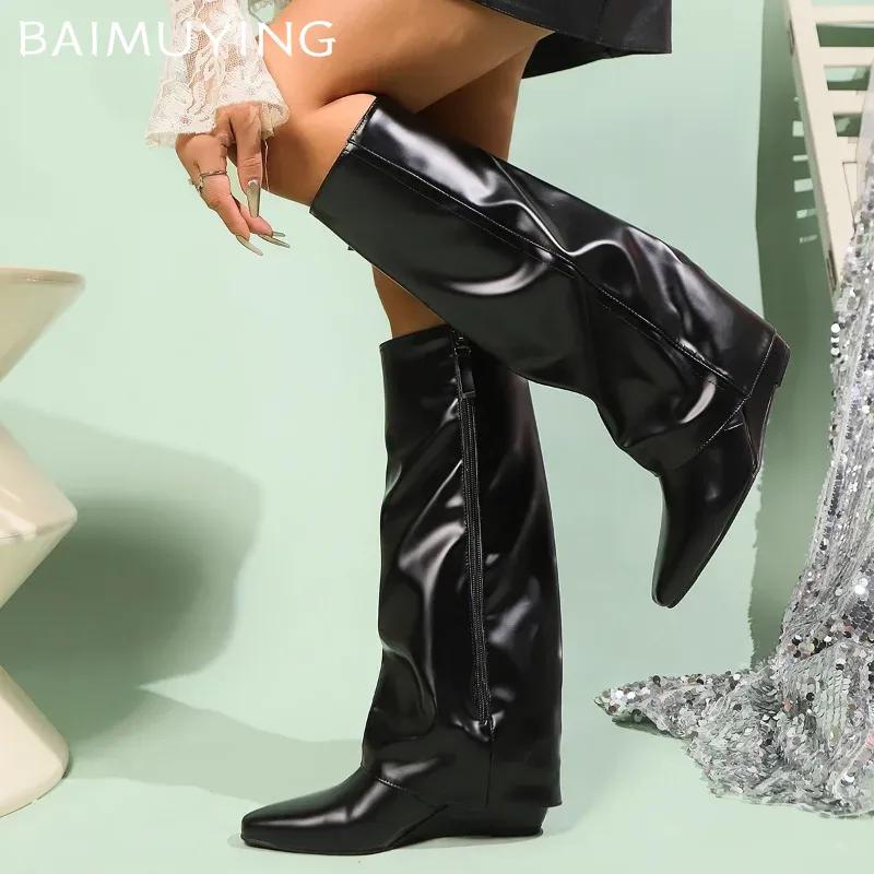 Women High Boots Wedges Pointed Toe Leather Shoes Woman 2025 Trend Winter Knee High Snow Gladiator Goth Chelsea Botas Mujer