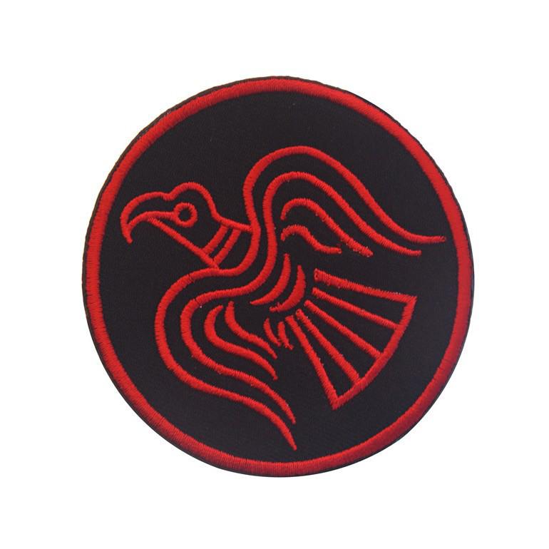 Nordic Viking Emblem Patch: Odin Knight Raven, Black/Red Rune Star.