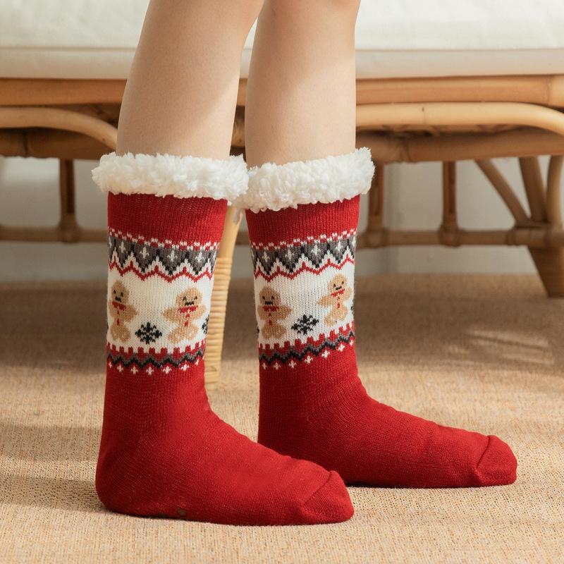 Winter Christmas Themed Women Lamb Fleece Floor Socks, Adult Non-Slip Indoor Snow Socks for Home Carpet